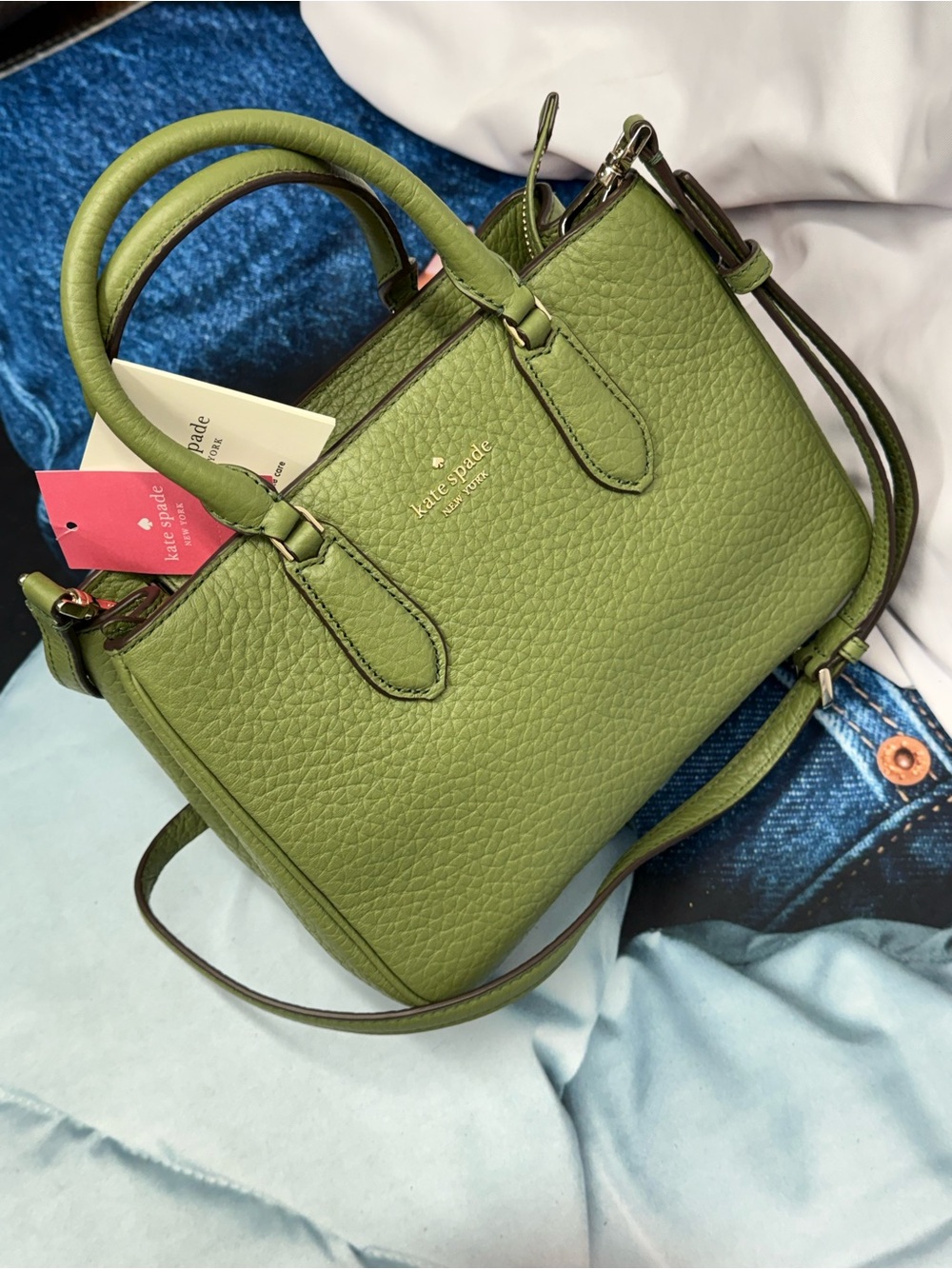 (new+tag) Kate Spade Olive Green Pebbled Leather Satchel Adjust Crossbody Strap